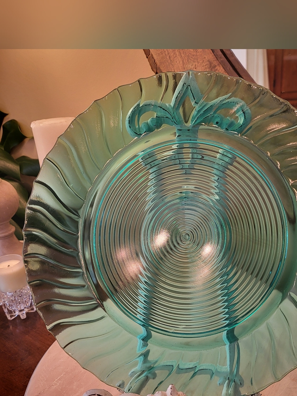 Vintage Jeanette Glass Swirl Plate Platter Ultramarine Teal 13" 1937-1938